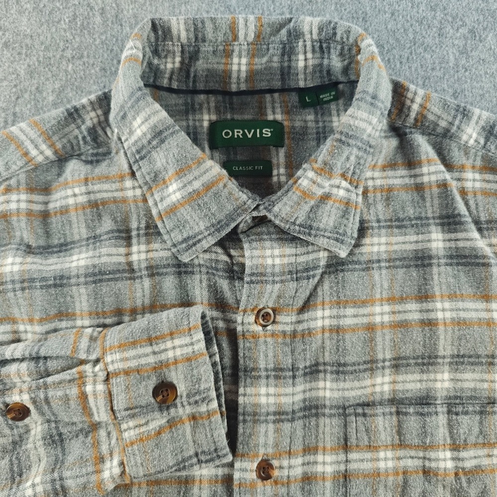 Orvis Button Down Shirt Mens Large Classic Fit Grey Plaid Flannel Cotton Blend